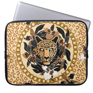 Housse Pour Ordinateur Portable tête de léopard entourée d'orchidées, chaîne d'or