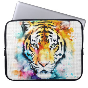 Housse Pour Ordinateur Portable Tête de tigre à l'aquarelle colorée dans un style