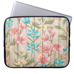 HOUSSE POUR ORDINATEUR PORTABLE TEXTURE EN BOIS AVEC FLEURS PASTEL