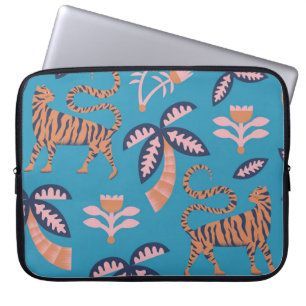 Housse Pour Ordinateur Portable Tigre rétro, palmier, motif de fleurs