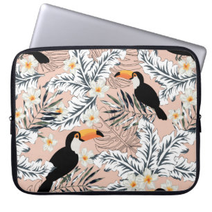 Housse Pour Ordinateur Portable Toucans, feuilles de palmiers graphiques, fleurs d