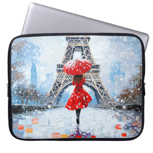 Housse Pour Ordinateur Portable Tour Eiffel de Paris Romance d'hiver Parapluie Rou