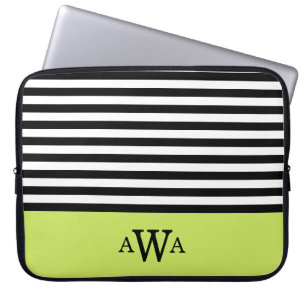 Housse Pour Ordinateur Portable Triple Lettre Monogramme Vert noir blanc rayures