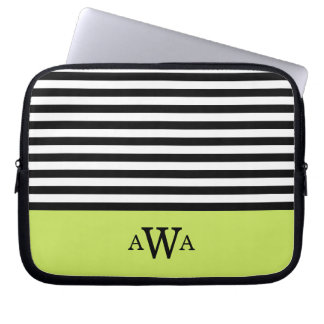 Housse Pour Ordinateur Portable Triple Lettre Monogramme Vert noir blanc rayures