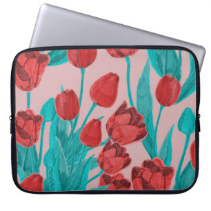 Housse Pour Ordinateur Portable Tulipes de printemps, motif floral dessiné à la ma