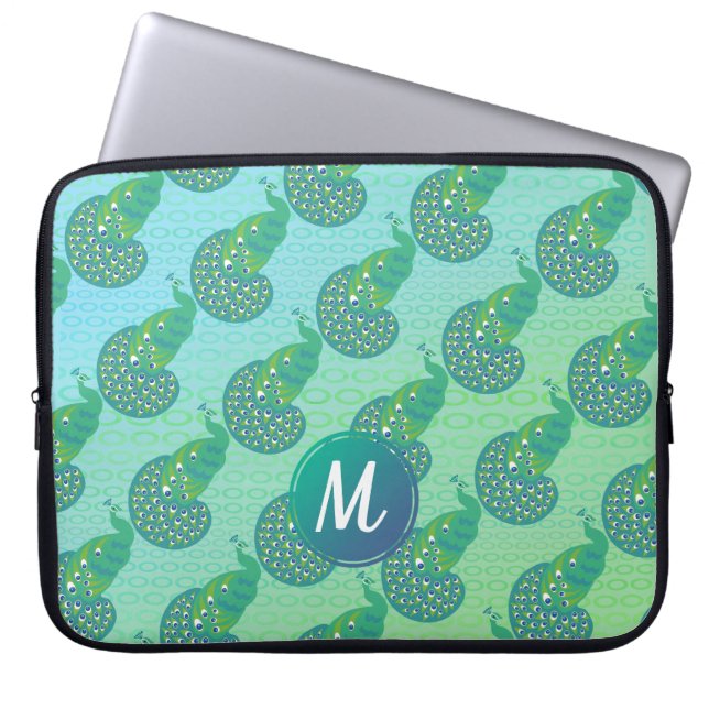 Housse Pour Ordinateur Portable Turquoise vert irisé Peacock Motif Monogramme (Devant)