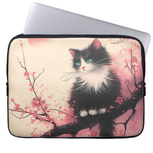 Housse Pour Ordinateur Portable Tuxedo Chat sur la fleur de cerise esthétique japo