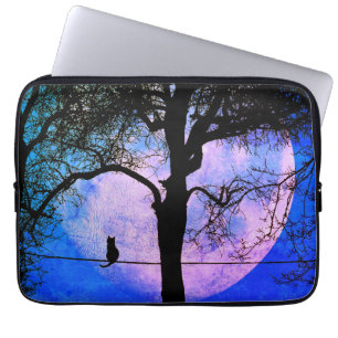 Housse Pour Ordinateur Portable Un chat noir sur une Pleine lune de fil