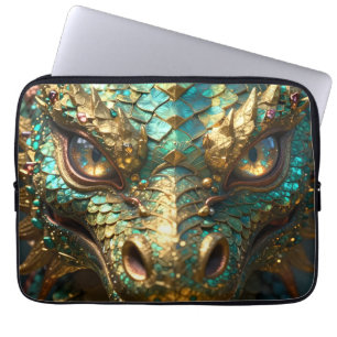 Housse Pour Ordinateur Portable Un dragon mystique turquoise et or
