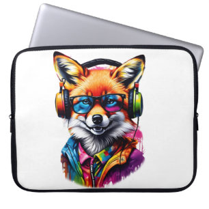 Housse Pour Ordinateur Portable Un renard dans les écouteurs et les lunettes