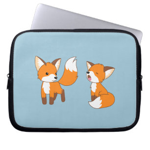 Housse Pour Ordinateur Portable Une paire de petits renards mignons sur fond bleu