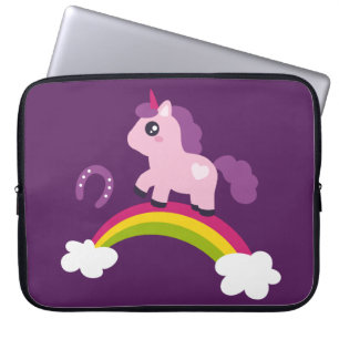 Housse Pour Ordinateur Portable Unicorne rose mignonne sur un arc-en-ciel