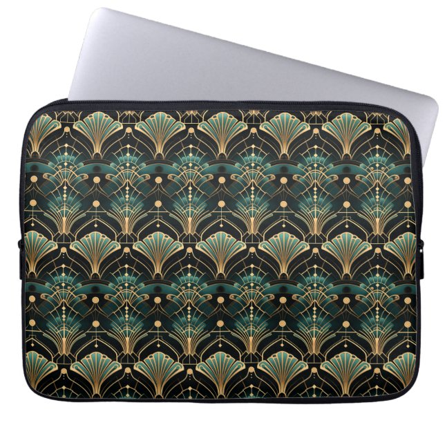 Housse Pour Ordinateur Portable Ventilateur d'inspiration Art déco Emerald et Gold (Devant)