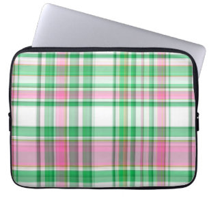 Housse Pour Ordinateur Portable Vert émeraude, Rose Chaud, Madras blanc Preppy Pla