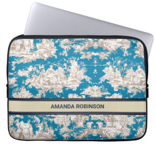Housse Pour Ordinateur Portable Vintage bleu turquoise toile de jouy monogramme