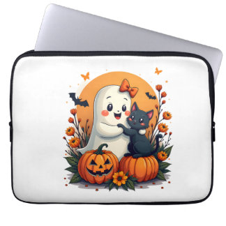 Housse Pour Ordinateur Portable Vintage Halloween Ghost Holding Black Cat Groovy F