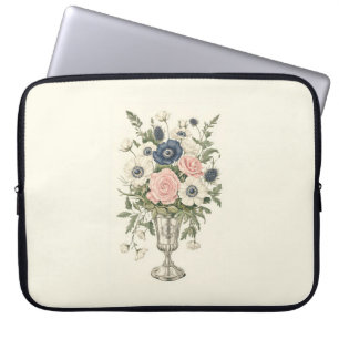 Housse Pour Ordinateur Portable Vintage ivoire rose bleu mauve fleurs vertes