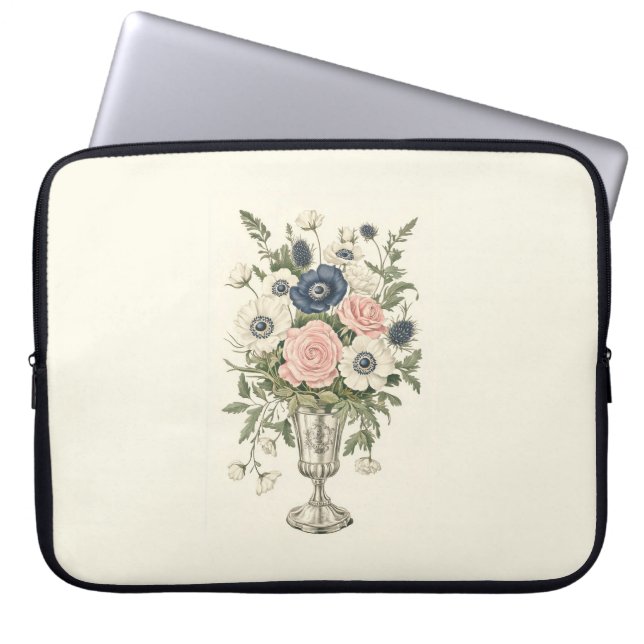 Housse Pour Ordinateur Portable Vintage ivoire rose bleu mauve fleurs vertes (Devant)