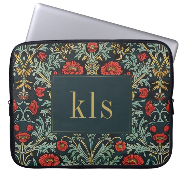 Housse Pour Ordinateur Portable Vintage Pavot noir William Morris Monogramme (Devant)
