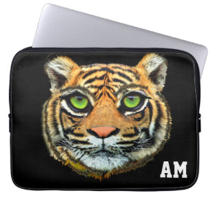 Housse Pour Ordinateur Portable Visage sauvage de tigre sur Monogramme noir
