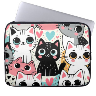 Housse Pour Ordinateur Portable Visages de chat mignons Kawaii et cœurs fantaisist