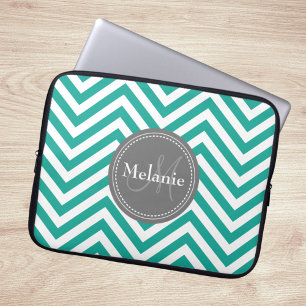 Housse Pour Ordinateur Portable Zigzag Turquoise monogramme bleu et gris