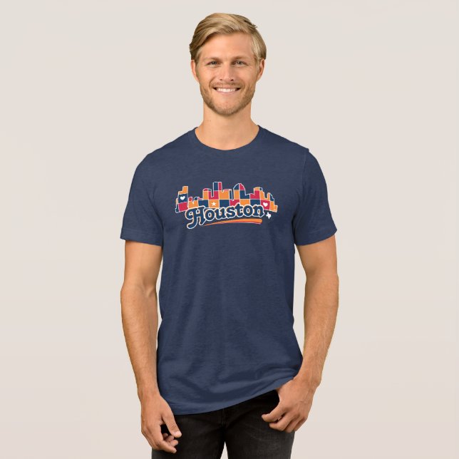 Houston Skyline Patchwork Navy Tri-Blend Shirt (Vorderseite voll)