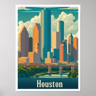 Houston Texas Art Vintage Reise Illustration Poster