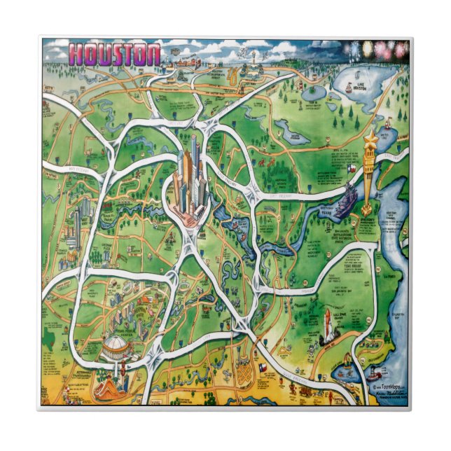Houston Texas Cartoon Map Fliese (Vorderseite)