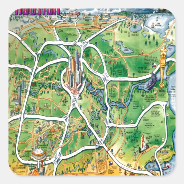 Houston Texas Cartoon Map Quadratischer Aufkleber (Vorderseite)