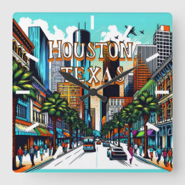 Houston, Texas Downtown Abstrakte Kunst Quadratische Wanduhr