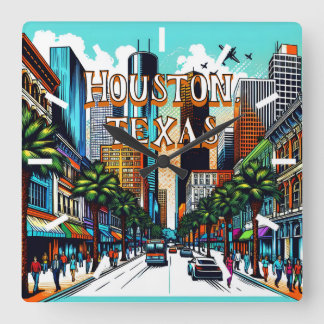 Houston, Texas Downtown Abstrakte Kunst Quadratische Wanduhr