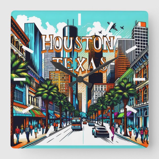 Houston, Texas Downtown Abstrakte Kunst Quadratische Wanduhr (Vorderseite)