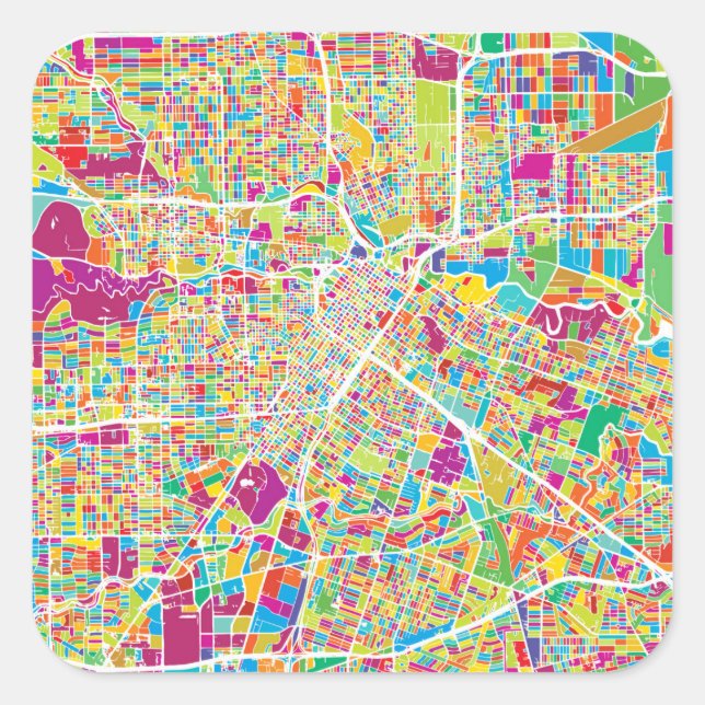 Houston, Texas | Neon Map Quadratischer Aufkleber (Vorderseite)