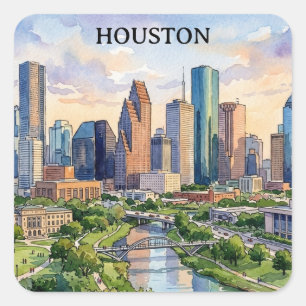 Houston Texas Retro-Wasserfarben-Kunstwerk Quadratischer Aufkleber