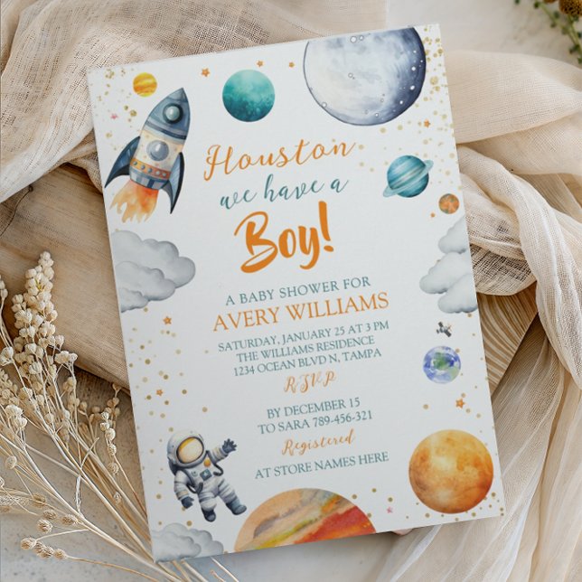 Houston We Have a Boy Space Baby Shower Einladung (Von Creator hochgeladen)