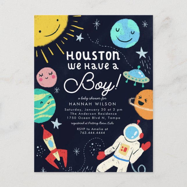Houston, wir haben eine Baby-Dusche für Jungen Einladungspostkarte (Vorderseite)