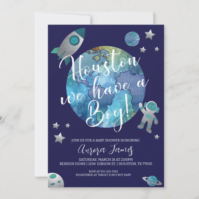 Houston, wir haben eine Boy Baby Dusche Einladung (Vorderseite)