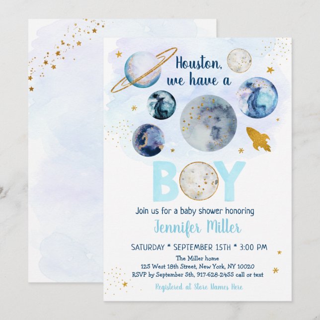 Houston Wir haben eine junge Blue Gold Galaxy Baby Einladung (Vorne/Hinten)