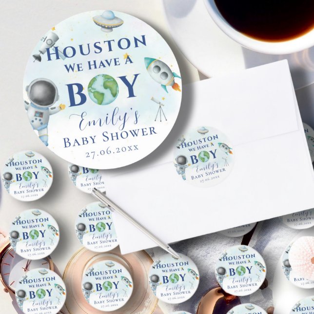 Houston Wir haben einen Baby-Dusche Raumfahrer Runder Aufkleber (Von Creator hochgeladen)