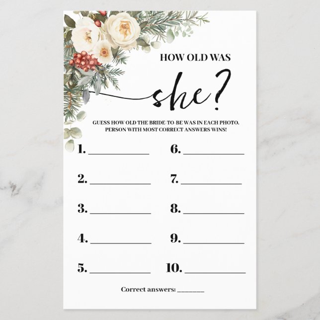 How old was She Winter Bridal Shower Game Card Flyer (Vorne)