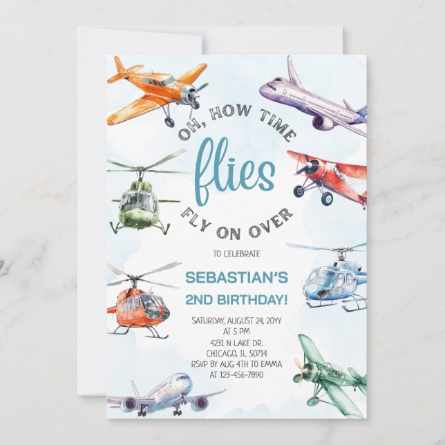 How Time Flies Boy 2nd Birthday Party Einladung (Vorderseite)