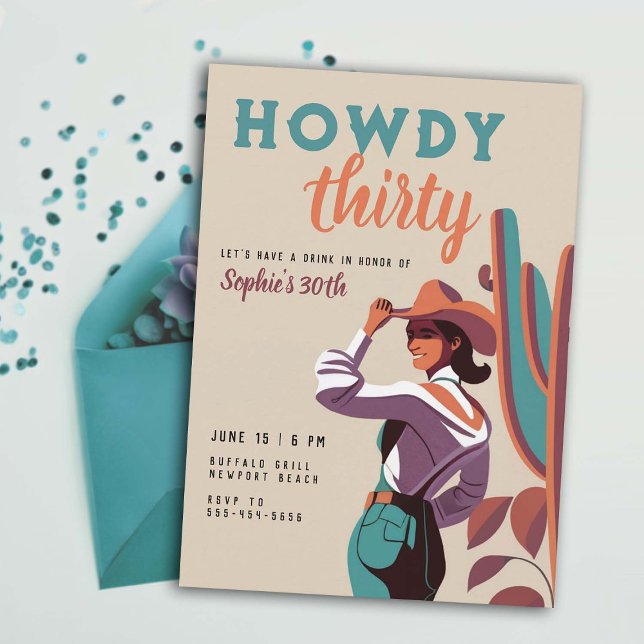 Howdy 30 Retro Country Western 30. Geburtstag Einladung (30 birthday invitation for women retro country western desert cactus southwestern howdy thirty)