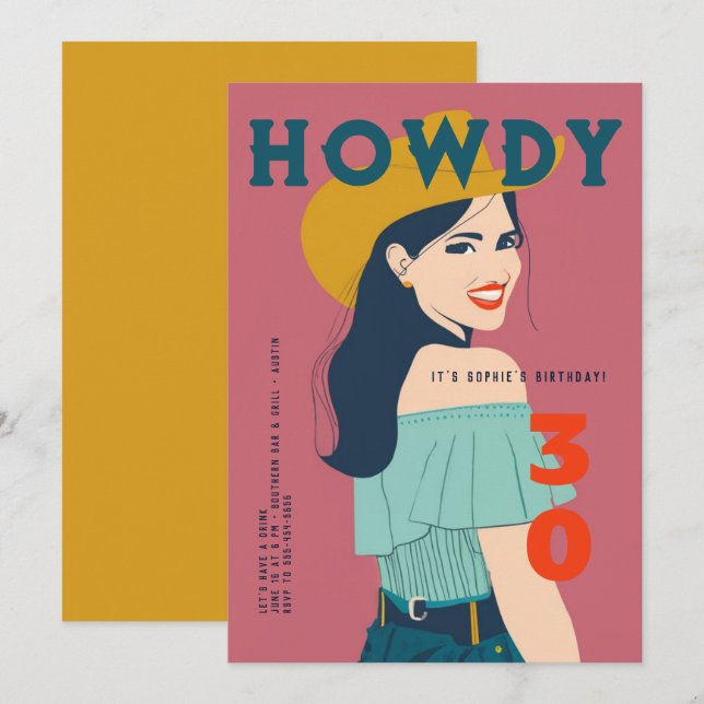 Howdy 30 Western Retro Pink Aquamarin 30. Geburtst Einladung (Vorne/Hinten)