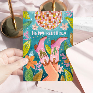 Howdy Birthday Pink Cowgirl Boots Disco Party Card Karte
