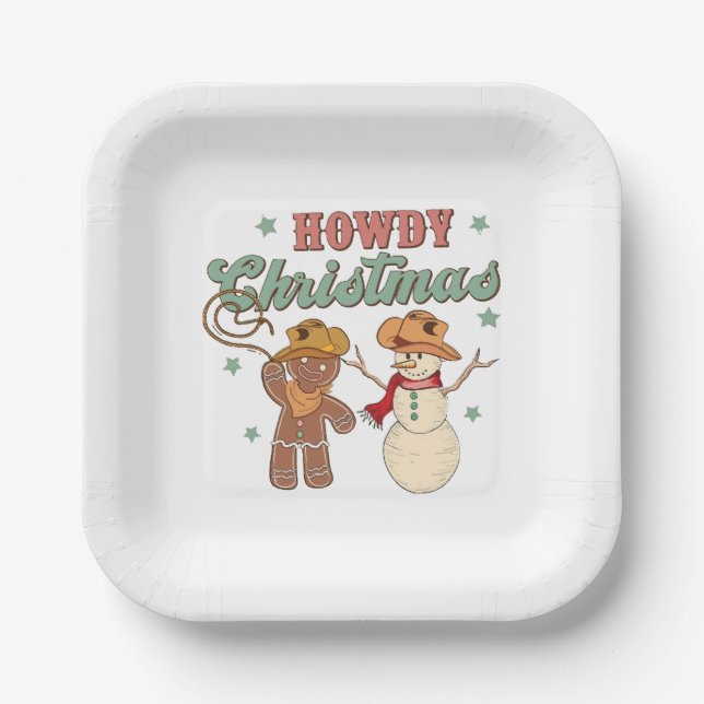 Howdy Christmas Cowboy Snowman Western Funny Pappteller (Vorderseite)