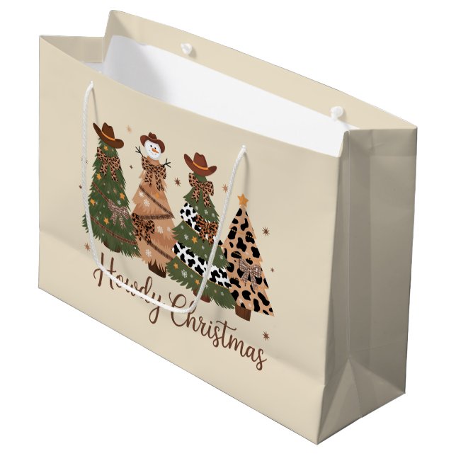 Howdy Christmas Western Retro Tree Cowboy Cowgirl Große Geschenktüte (Vorderseite Schrägansicht)