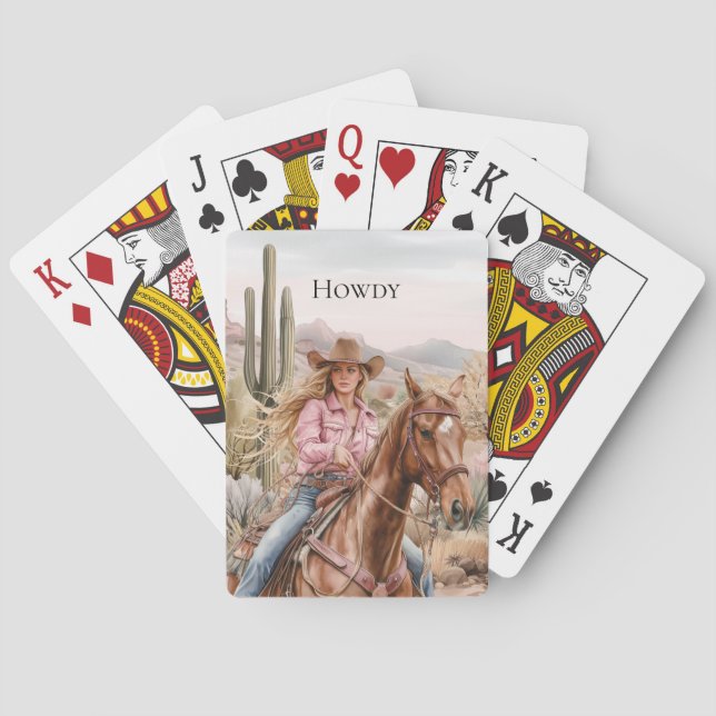 Howdy Cowgirl in Pink on Horse Spielkarten (Rückseite)