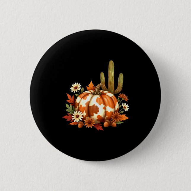 Howdy Fall Pumpkin Retro Western Cowboy Cow Hallow Button (Vorderseite)