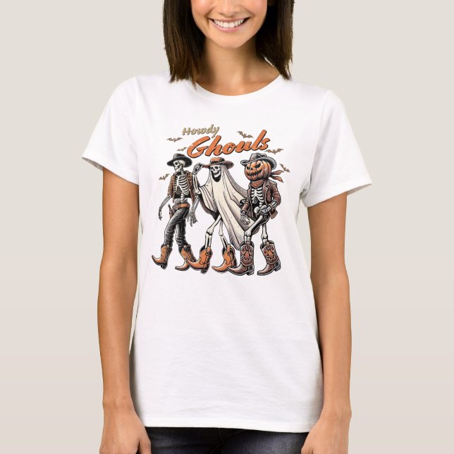 Howdy Gouls Western Halloween Skelettkürbis T-Shirt (Vorderseite)